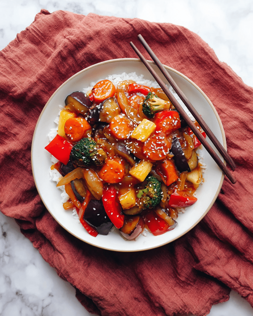 A white plate holds a colorful stir-fry dish on top of a red cloth and a brown cloth, all placed on a white marbled surface. The stir-fry has several vegetable layers: dark purple eggplant pieces, bright orange carrot slices, green broccoli florets, red bell pepper chunks, light brown onion pieces, and yellow pineapple chunks. The vegetables are mixed and coated in a glossy reddish-brown sauce, sprinkled with small white sesame seeds. Two dark brown chopsticks rest beside the plate. photo taken with an iphone --ar 4:5 --v 7