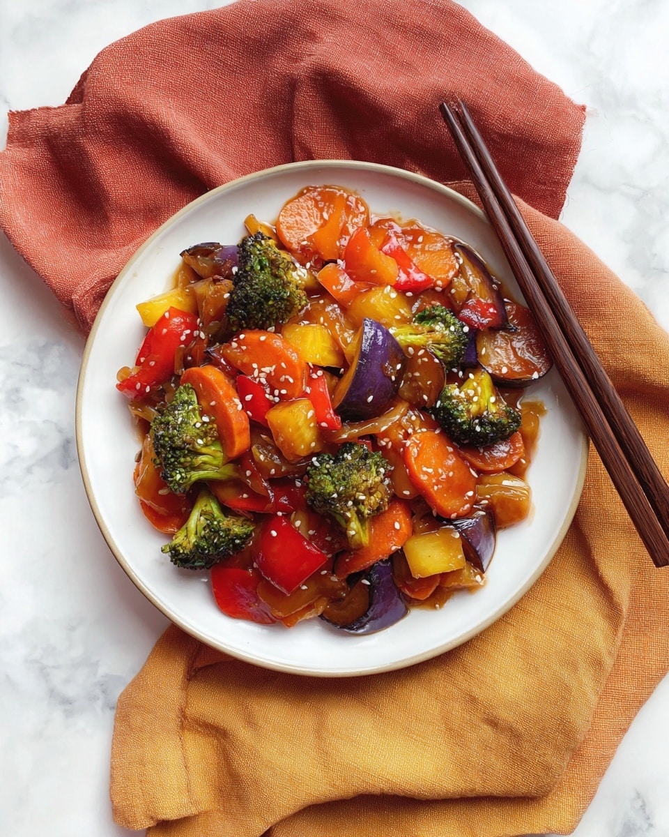 A white round plate holds a colorful stir-fry with about four layers of ingredients: the bottom layer shows a glossy, thick orange-brown sauce. On top are chunks of bright green broccoli with textured florets, shiny deep purple eggplant slices with soft edges, vibrant orange carrot slices, translucent cooked onion pieces, shiny red bell pepper chunks, and yellow pineapple pieces. The dish is scattered with small white sesame seeds. The plate rests on two folded cloth napkins, one burnt orange and the other mustard yellow, placed on a white marbled surface. Dark brown chopsticks are placed on the right side of the plate. photo taken with an iphone --ar 4:5 --v 7