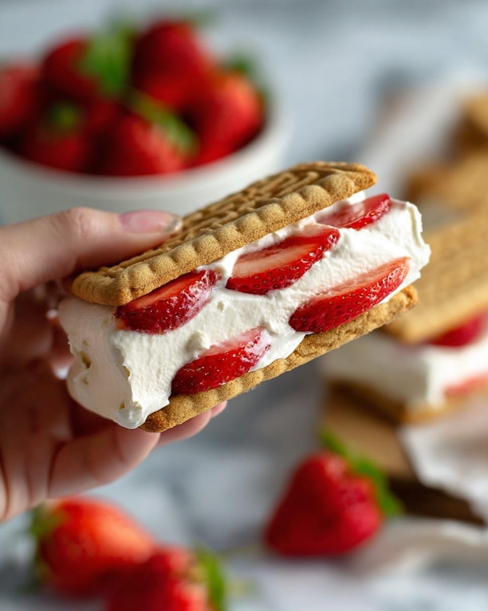 A close-up view of a dessert sandwich held by a woman's hand shows three clear layers: the top and bottom layers are soft golden brown cookies with a slightly embossed pattern, and between them is a thick layer of smooth, white cream filled with thin slices of bright red strawberries. The cream looks fluffy and evenly spread, with the strawberry pieces adding a fresh and juicy contrast. In the blurred background, there is a white bowl filled with strawberries and more of the same dessert resting on a white marbled surface. Photo taken with an iphone --ar 4:5 --v 7