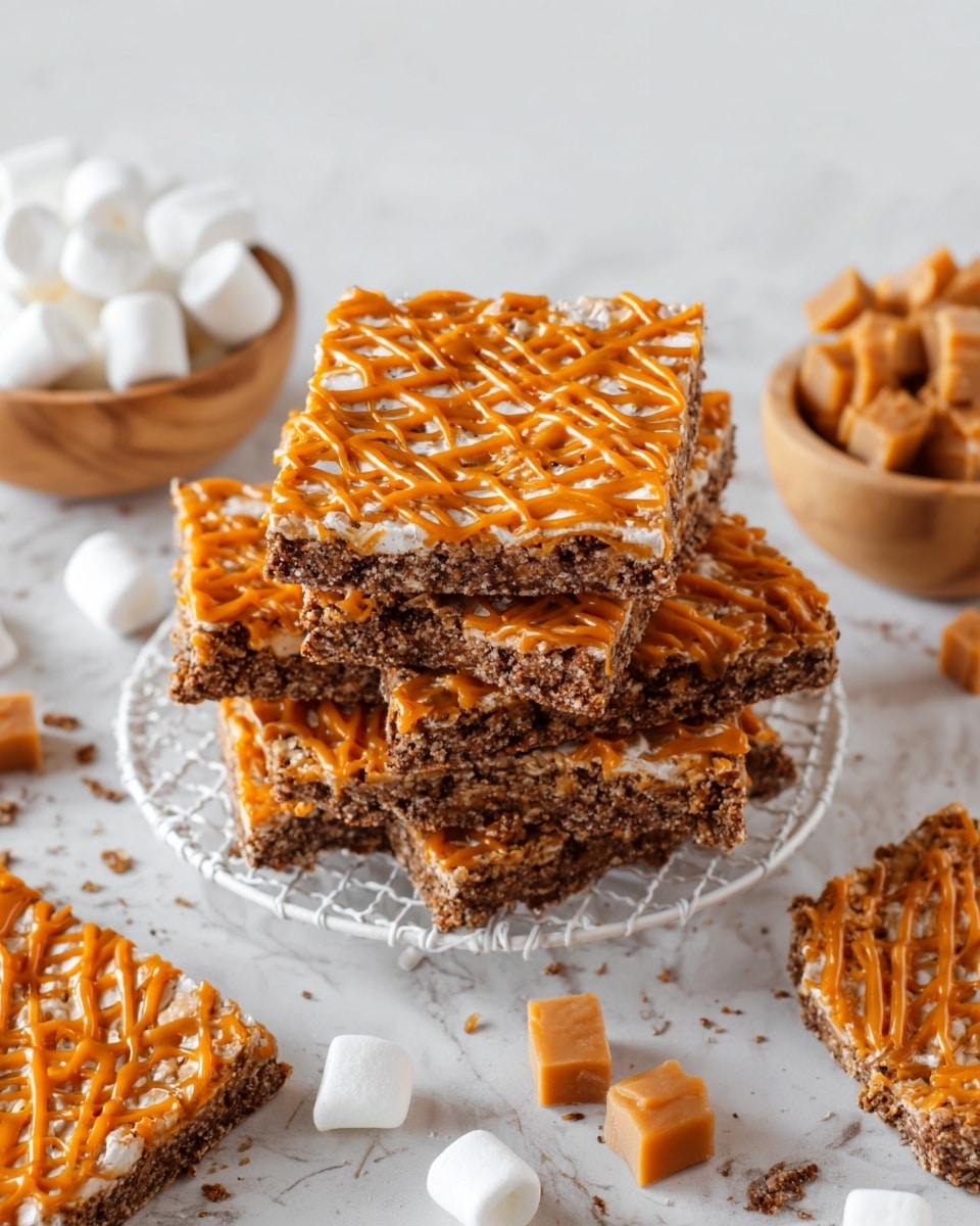 The image shows a stack of square dessert bars with two visible layers: a crumbly, chocolatey bottom layer and a top layer covered with an orange caramel drizzle in a zigzag pattern. The bars are arranged on a round white rack placed on a white marbled surface. Nearby, there is a small wooden bowl filled with white mini marshmallows and another bowl with caramel cubes, both set on the same white marbled background. photo taken with an iphone --ar 4:5 --v 7