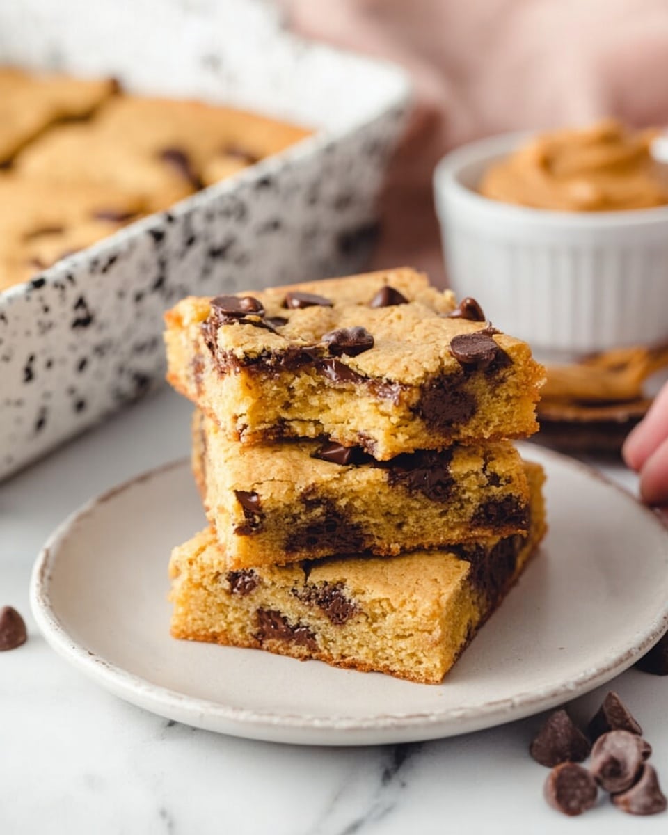 Three square pieces of golden brown chocolate chip blondies are stacked on a white plate, showing a soft, slightly crumbly texture with visible chocolate chips inside and on top. The top blondie has a bite taken from one corner, revealing a moist and dense interior with melted chocolate chunks. The plate is placed on a white marbled surface, with a woman’s hand holding the top blondie. In the background, a white baking dish with black speckles holds more blondies, and a white bowl with peanut butter and some scattered chocolate chips add detail to the scene. photo taken with an iphone --ar 4:5 --v 7