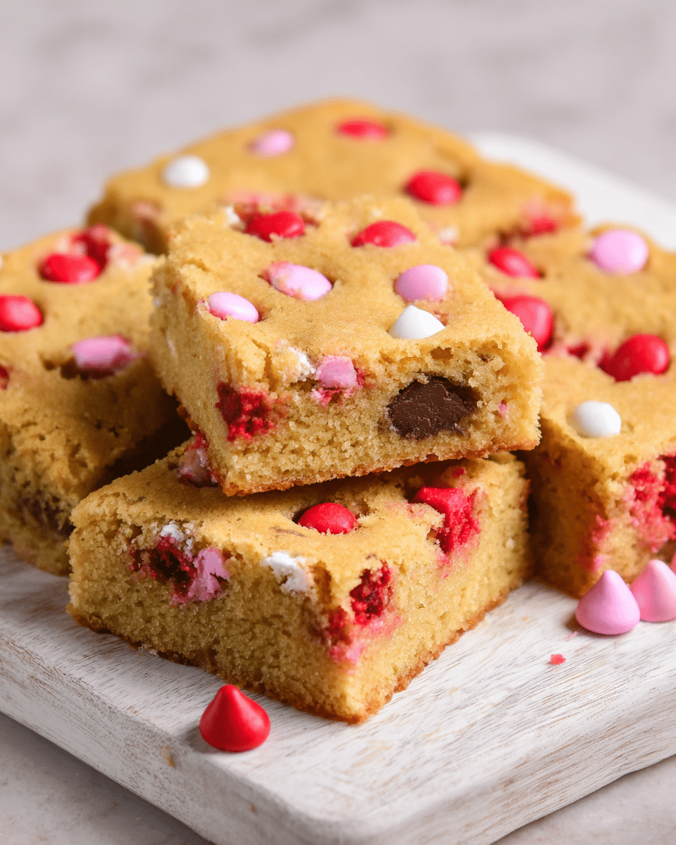 The image shows several square pieces of thick, golden brown cookie bars stacked casually on a white wooden board placed on a white marbled surface. Each cookie bar has a soft, crumbly texture with a light yellow interior and a golden crust. Brightly colored red, pink, and white candy-coated chocolates are mixed into the dough, scattered on the top and inside of the bars. There are visible small pockets of melted chocolate chunks within the bars, adding a darker contrast to the light cookie dough. The overall look is warm and inviting, with a few candy pieces also scattered beside the board on the marbled surface. photo taken with an iphone --ar 4:5 --v 7
