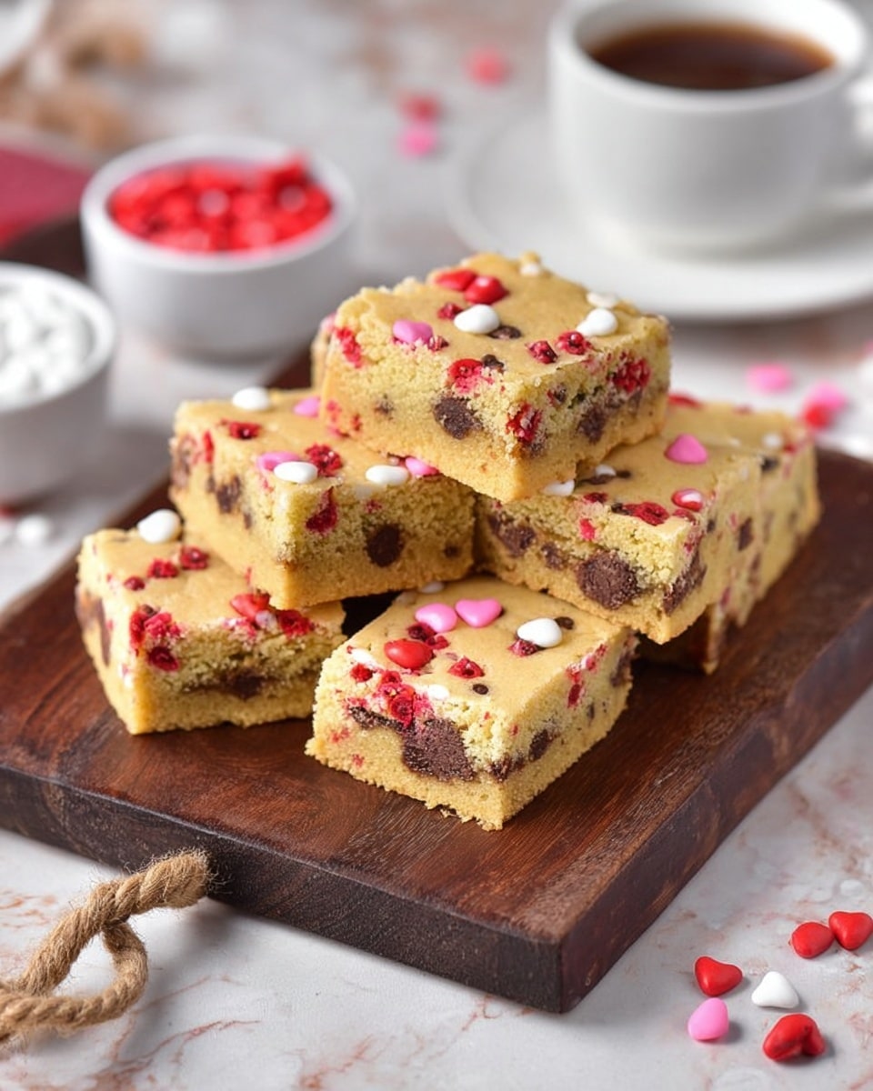 The image shows seven square pieces of colorful cookie bars stacked on a dark wooden board with a rope loop handle. Each cookie bar has two visible layers: a light golden brown top layer scattered with small red, pink, and white candy-coated chocolate drops, and a middle chocolate chip layer running horizontally through the soft, pale yellow base. The surface beneath the board is a white marbled texture, with scattered candy drops in red and white around the board. In the background, there are blurred white bowls containing more candy drops and a dark liquid in a white cup on a matching saucer. Photo taken with an iphone --ar 4:5 --v 7