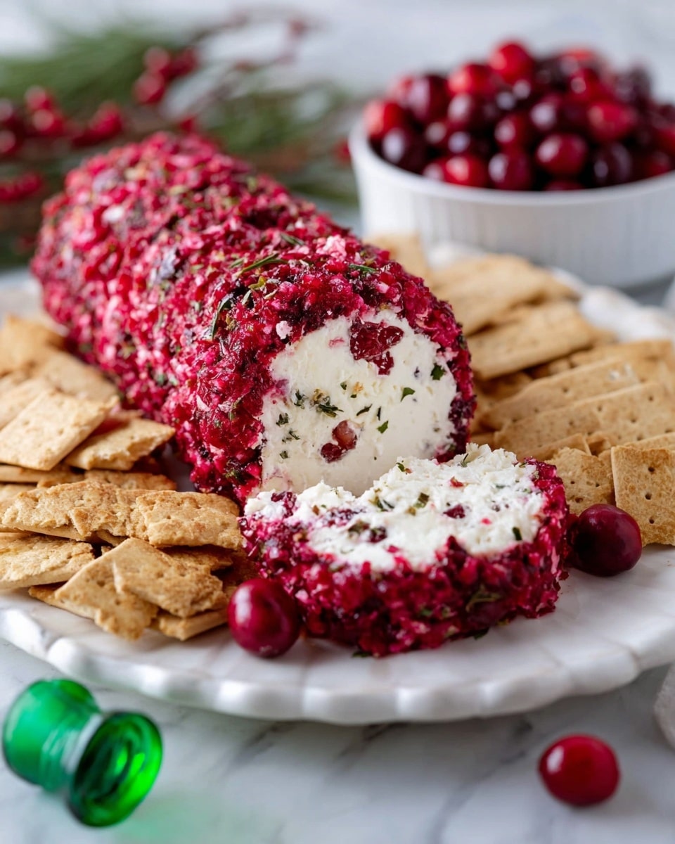A white cheese log coated thickly with bright red chopped cranberries mixed with herbs, showing a creamy white inside at one end, placed on a white scalloped-edge plate. Surrounding the cheese log are different shapes of light brown crackers neatly arranged on the white marbled surface. In the background to the right, a white bowl filled with whole red cranberries is slightly blurred, and in front of the plate, there are two loose cranberries and a small green glass container lying on its side. Photo taken with an iphone --ar 4:5 --v 7