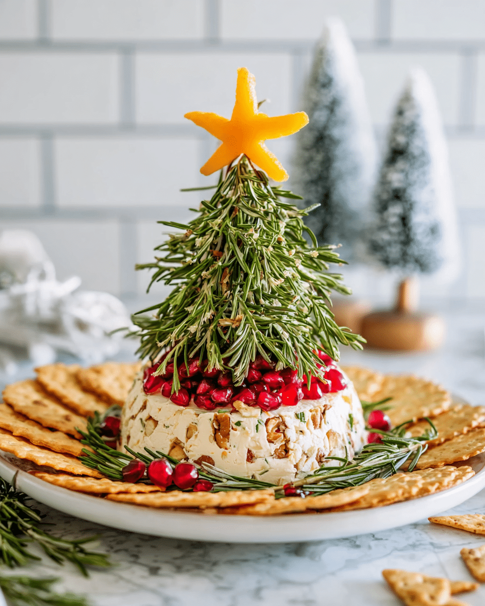 A small Christmas tree shaped cheese ball sits in the center of a white plate, covered in three layers: the base layer is a creamy cheese ball with visible nut pieces, the middle layer is decorated with bright red pomegranate seeds, and the outer layer is covered with green rosemary sprigs arranged to look like tree branches all over. A bright yellow star shaped cheese slice tops the tree. Around the cheese ball, round golden crackers are neatly placed on the edge of the plate and some scattered rosemary and pomegranate seeds sit on the white marbled surface nearby, with a blurred background of white subway tiles and frosted decorative trees. Photo taken with an iphone --ar 4:5 --v 7