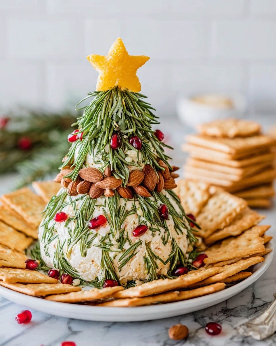 A three-layer cheese ball shaped like a Christmas tree sits on a white plate. The bottom layer is round and covered with green rosemary sprigs giving a pine needle look, decorated with red pomegranate seeds and brown almonds. The middle layer is smaller but similarly covered with rosemary, pomegranate seeds, and almonds. The top layer is a small cone covered in rosemary and decorated likewise, topped with a bright yellow star-shaped piece of cheese. The plate is surrounded by square and round golden-brown crackers, some stacked in the background on a white marbled surface. Photo taken with an iphone --ar 4:5 --v 7