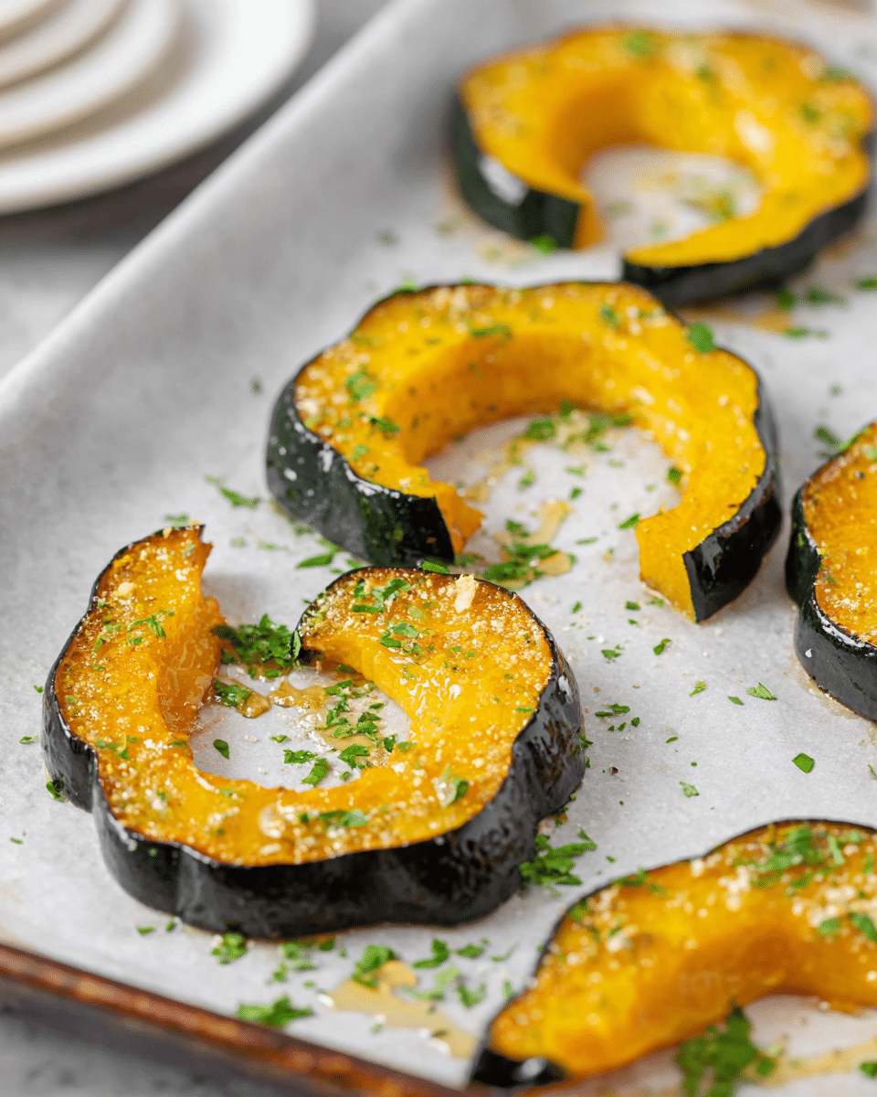 The image shows a close-up of roasted acorn squash slices arranged on a white plate. Each slice has a dark green outer skin with a smooth, glossy orange-yellow inside that looks soft and cooked. The edges of the squash are caramelized with a light brown tint, showing a slightly crispy texture. Small bits of grated cheese and chopped green herbs are sprinkled evenly over the top, adding fresh green and white colors as garnish. The plate rests on a white marbled surface with part of a blue and white striped cloth visible at the lower left. photo taken with an iphone --ar 4:5 --v 7