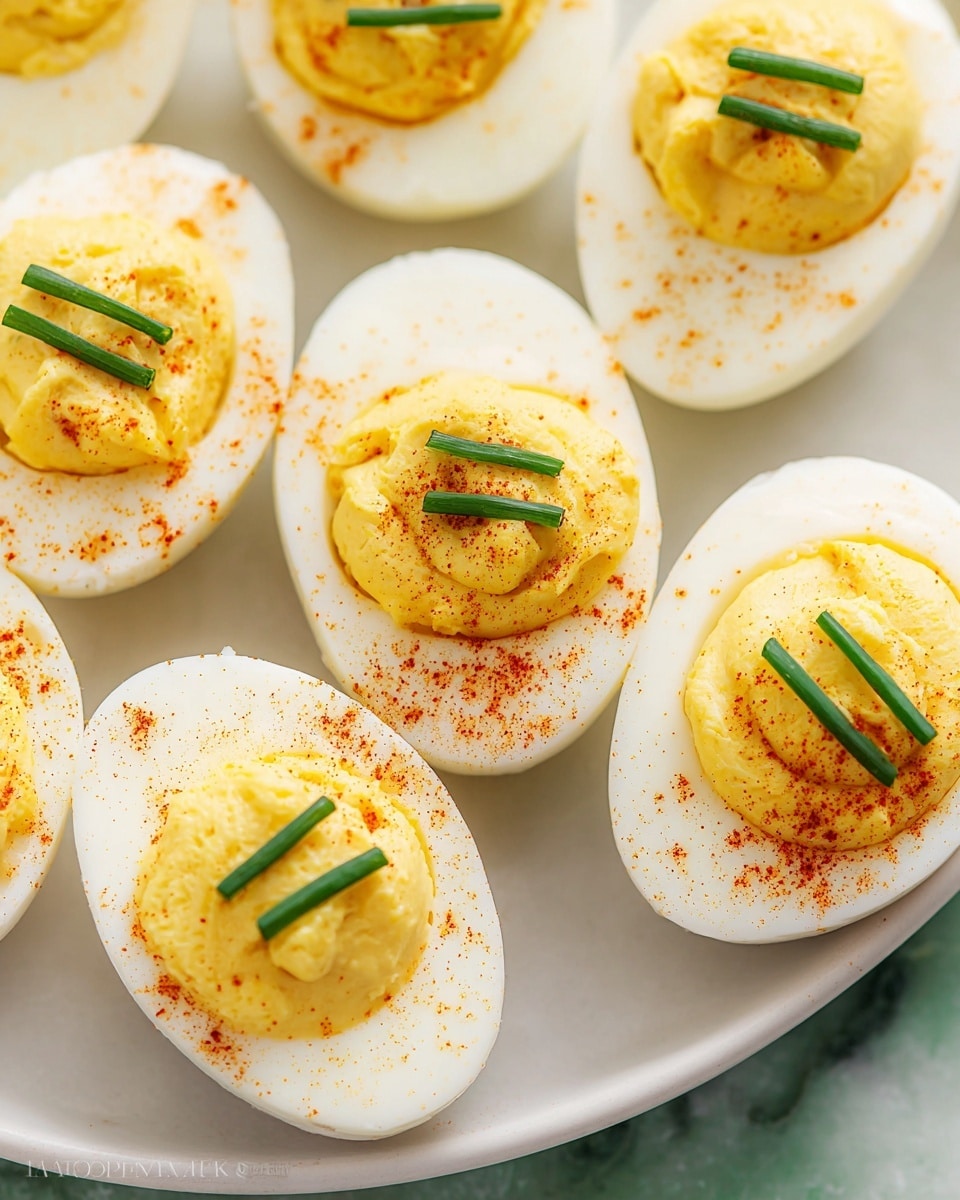 The image shows several deviled egg halves arranged on a white tray with a white marbled surface beneath. Each egg has three clear layers: the smooth white egg white forming the base half-oval shape, a fluffy yellow yolk mixture filling the hollowed center, and a topping of thin, fresh green chive slices placed in parallel on top. A light dusting of reddish-brown paprika is sprinkled lightly over the yolk layer, adding a touch of color contrast. The eggs are arranged closely but not touching, with a soft focus on the background eggs for depth. The corner of a white cloth with a blue pattern is visible at the bottom left. photo taken with an iphone --ar 4:5 --v 7