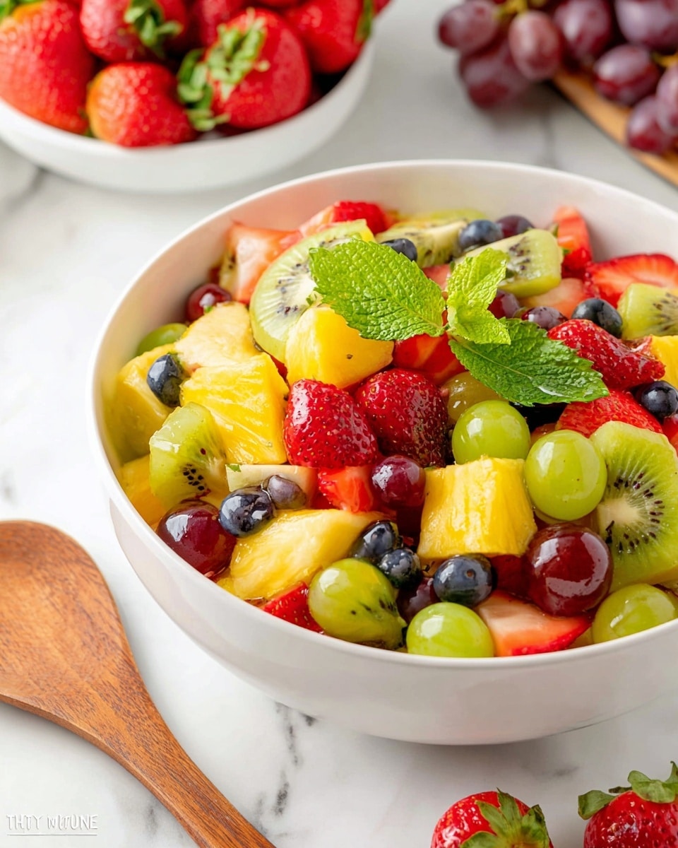 A close-up of a large white bowl filled with a colorful fruit salad showing three layers of cut fruits: bright yellow pineapple chunks, green kiwi pieces with textured skin, and red sliced strawberries mixed with small round dark blueberries, green grapes, and red grapes. On top, a sprig of fresh green mint leaves adds a pop of color. In the background, a white bowl filled with whole strawberries and loose red and green grapes lies on a white marbled surface next to a wooden spoon. photo taken with an iphone --ar 4:5 --v 7