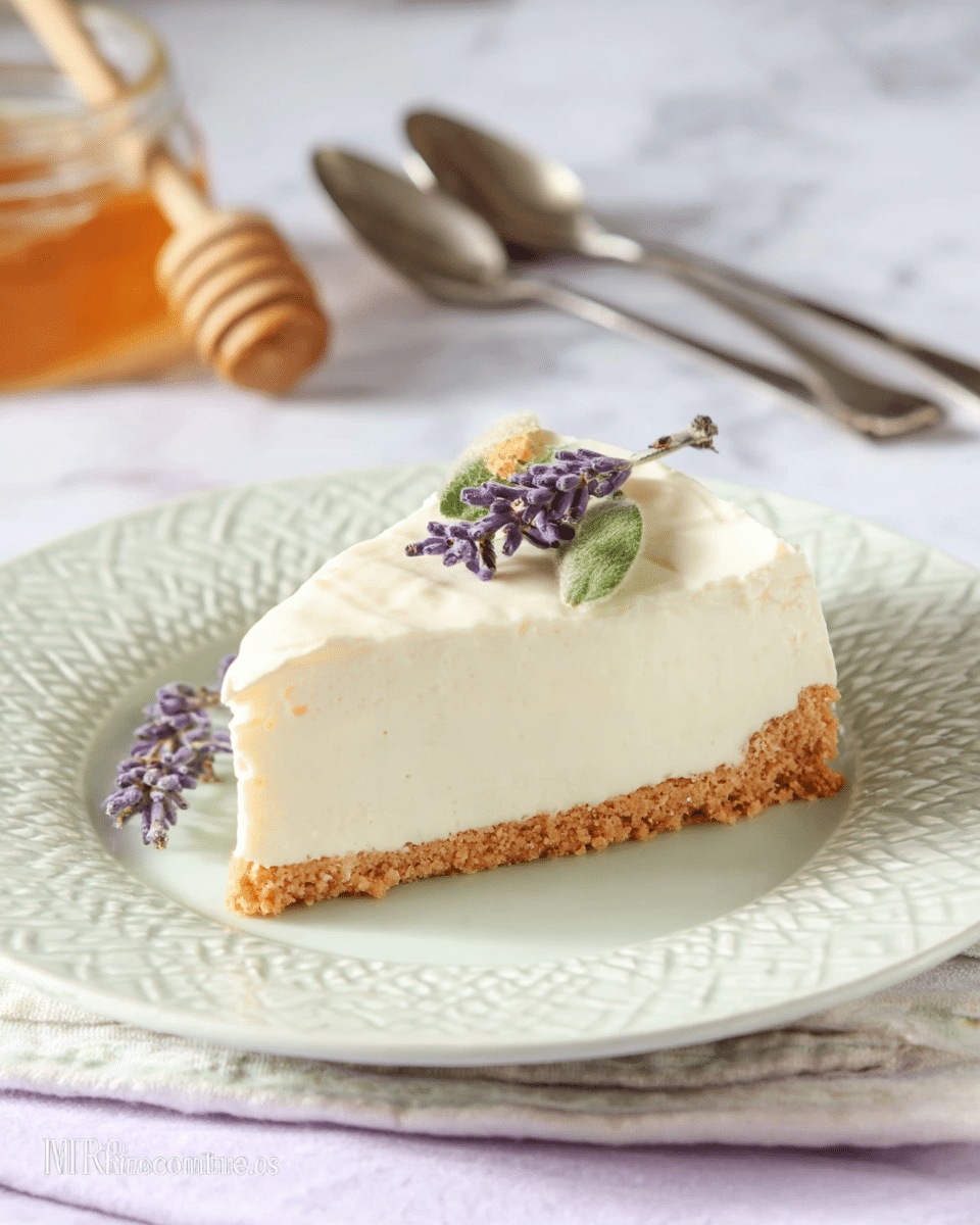 A single slice of cheesecake is shown on a white plate with a lacy textured pattern. The cheesecake has two layers: a bottom layer of crumbly light brown crust and a thick, smooth, creamy white top layer. On top of the cheesecake slice, there is a small purple flower with a green stem and a few tiny purple petals scattered nearby. The background is a soft white marbled surface, and a silver spoon is visible in the blurred background. photo taken with an iphone --ar 4:5 --v 7
