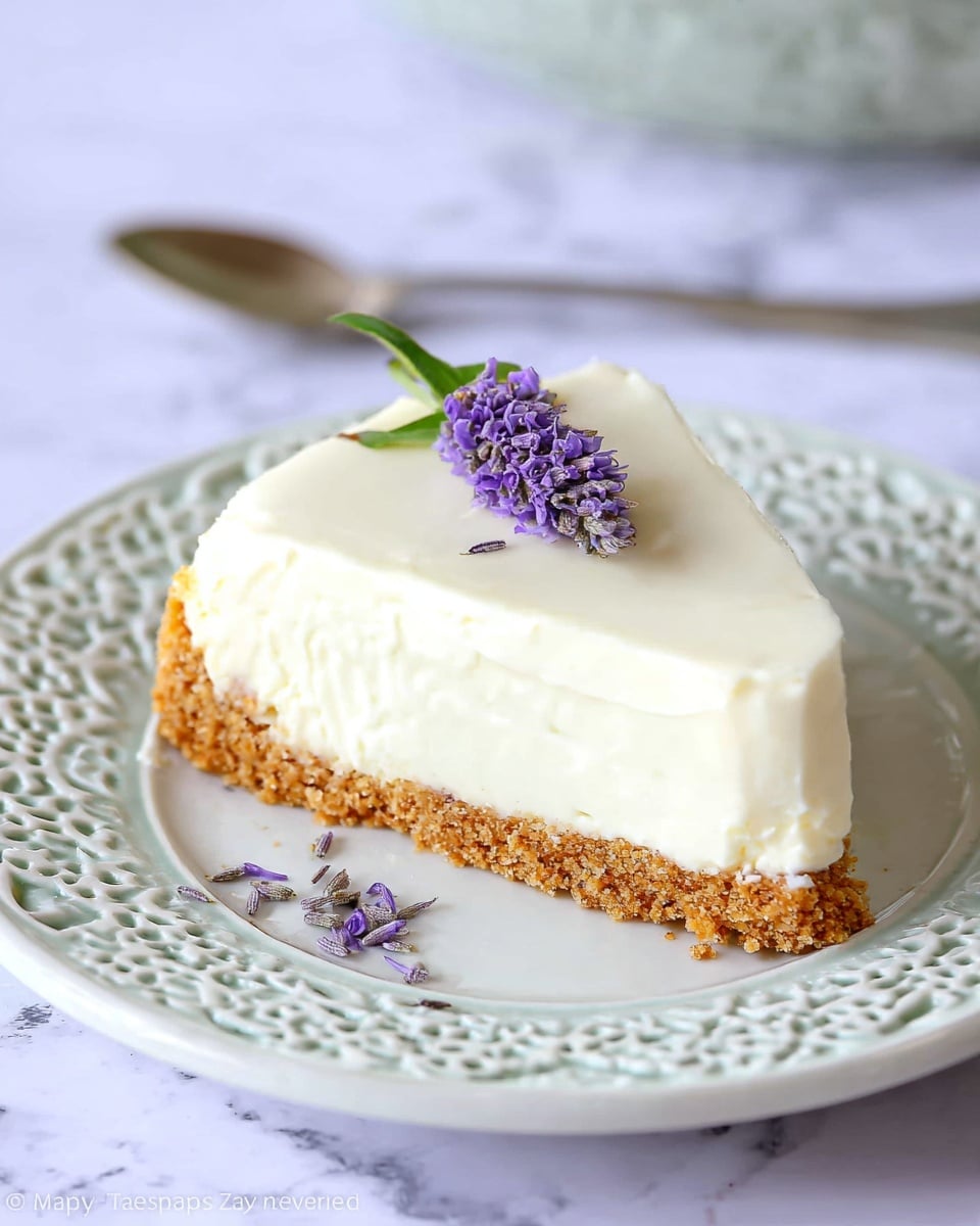 A single slice of creamy white cheesecake with a crumbly light brown crust at the bottom sits centered on a white plate with a delicate textured pattern around the edge. The smooth top layer of the cheesecake is garnished with a small sprig of purple lavender and a few light green leaves. The plate rests on a white marbled surface, with a honey dipper and glass jar of honey blurred softly in the background, along with two silver spoons placed side by side. Photo taken with an iphone --ar 4:5 --v 7