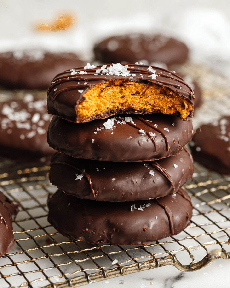 A stack of four thick, round chocolate-coated peanut butter cookies is shown on a metal cooling rack placed on a white marbled surface; the top cookie has a bite taken out, revealing a dense, crumbly, bright orange peanut butter filling inside, while the shiny, dark chocolate coating on each cookie is slightly textured with a few small drizzles and sprinkled flakes of white sea salt scattered on top and around; in the background, some whole cookies slightly out of focus rest on the white marbled texture. photo taken with an iphone --ar 4:5 --v 7