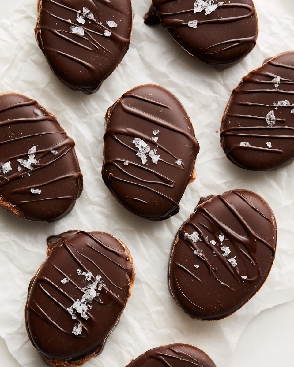The image shows several oval-shaped dark chocolate-covered treats placed on a crinkled white marbled surface. Each piece has a smooth shiny dark brown chocolate layer with a slightly darker chocolate drizzle across the top in a zigzag pattern, adding texture and depth. Small flakes of sea salt are sprinkled lightly on some of the chocolates, adding contrast with their white color against the dark chocolate. The edges of the chocolates are slightly rounded, and the pieces are arranged in a scattered, casual manner. photo taken with an iphone --ar 4:5 --v 7