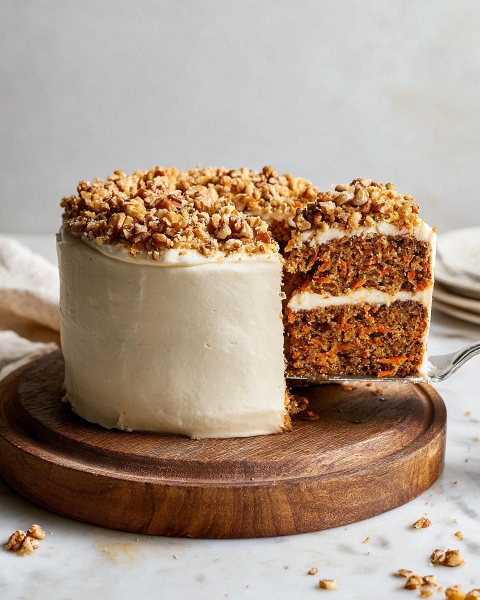 A tall, two-layer carrot cake sits on a round wooden board, each layer showing a moist, speckled orange and brown texture from grated carrot and spices. Between the layers and all around the cake is a smooth, creamy off-white frosting. The top of the cake is covered with chopped light brown walnuts, adding a crunchy texture. A slice is being lifted from the cake by a silver cake server, revealing the dense inside filled with bits of carrot and nuts. The whole scene rests on a white marbled surface with soft, natural light. photo taken with an iphone --ar 4:5 --v 7