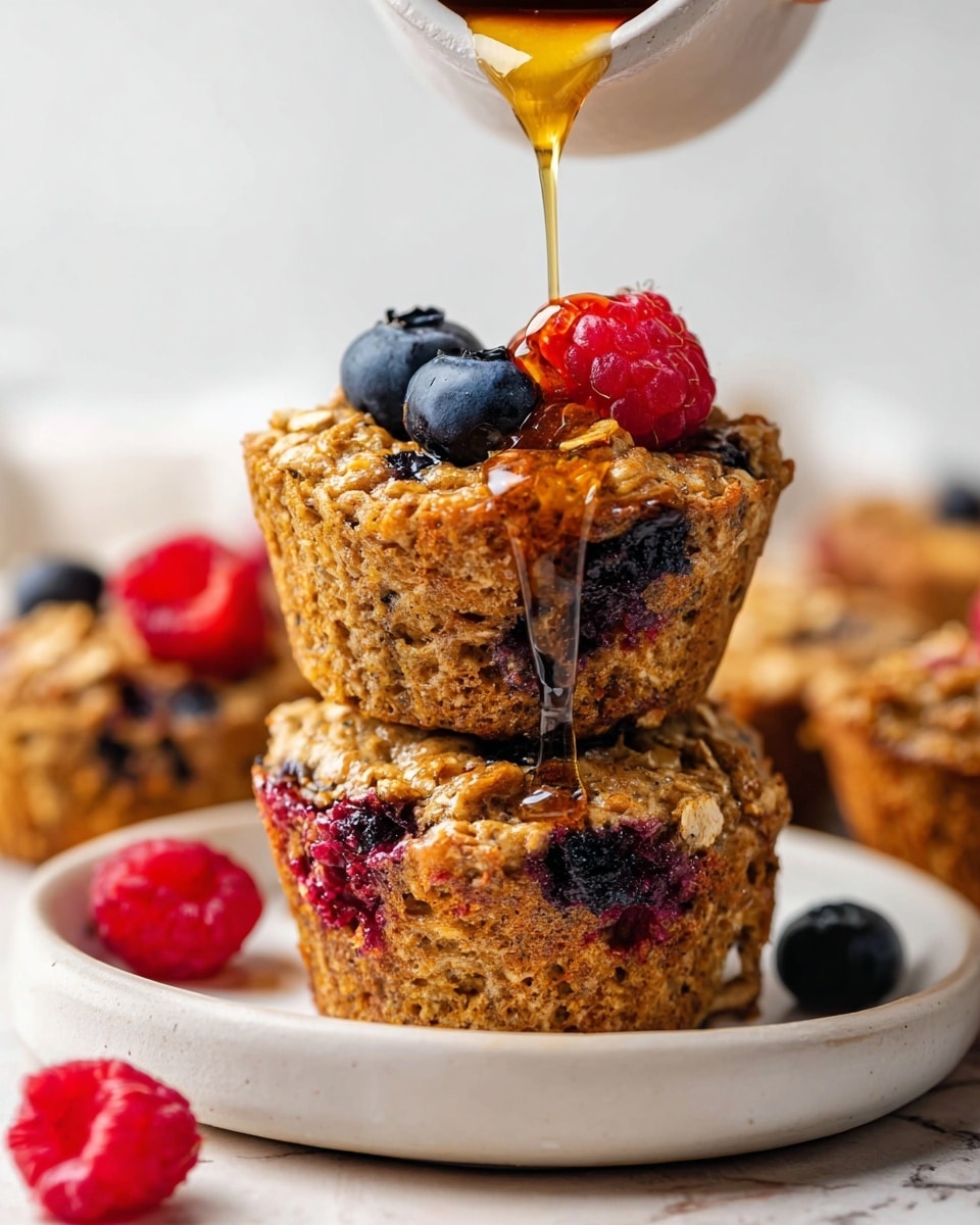 The image shows two stacked oat muffins on a white plate against a white marbled texture background. The muffins are textured with visible oats and bits of berries embedded throughout the golden-brown baked surface. On the top muffin, there are fresh blueberries and a raspberry placed near the center. A woman's hand is pouring golden syrup down onto the raspberry, which drips over the muffin's side down to the muffin below. Surrounding the plate are additional oat muffins with similar berry-studded surfaces. Photo taken with an iphone --ar 4:5 --v 7