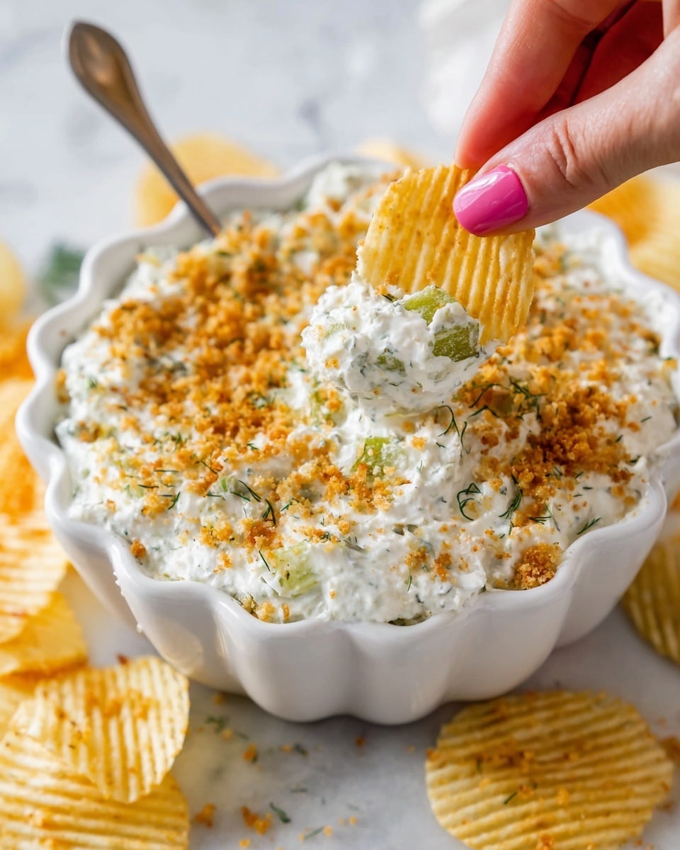 The image shows a white, scalloped bowl filled with a creamy white dip mixed with small green pickle pieces and topped with a golden-brown crumbly layer, giving a textured look to the surface. A silver spoon rests inside the bowl on the left side. In the foreground, a woman's hand with pink nail polish holds a ridged potato chip dipped thickly in the creamy mixture with crumbs sticking to it. Around the bowl on a white marbled surface are more ridged potato chips scattered loosely. The colors highlight the creamy white dip, light green pickles, and golden crumbs in contrast with the pale chips. Photo taken with an iphone --ar 4:5 --v 7