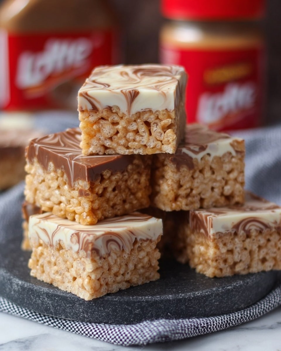 The image shows a stack of six square crispy treats arranged on a dark gray stone plate, placed on a white marbled surface covered partly by a black and white cloth. Each treat has two layers: a bottom layer of light brown crispy rice mixed with a smooth, slightly glossy chocolate coating, and a top layer of white chocolate with gentle swirls of milk chocolate giving a marbled effect. The edges are clean and the treats look soft but firm. In the background, there is a jar with a red lid and red label that is slightly blurred. photo taken with an iphone --ar 4:5 --v 7