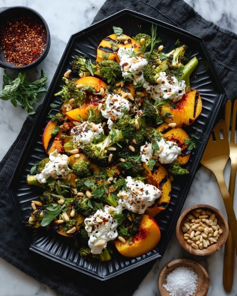 Grilled Peach Salad with Burrata, Pesto Croutons, and Fresh Herbs Recipe