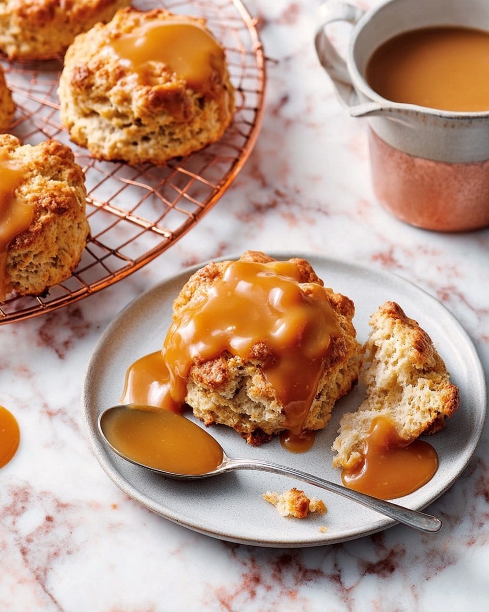 The image shows two crumbly golden-brown scones on a white plate, one whole and one broken, both topped with a thick glossy layer of caramel sauce that drips slightly onto the plate. Next to them is a spoon filled halfway with the smooth caramel sauce resting on the plate. To the left, additional scones with caramel topping rest on a copper cooling rack. The setting has a white marbled surface underneath, creating a clean and bright contrast with the warm colors of the scones and caramel. photo taken with an iphone --ar 4:5 --v 7
