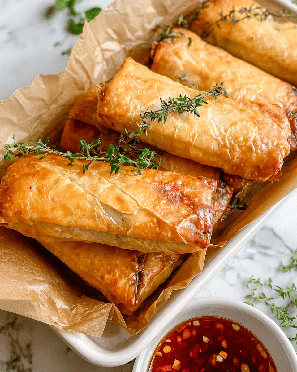 The image shows a close-up of several golden-brown crispy rolls placed on light brown parchment in a white rectangular tray. The rolls have a shiny, flaky texture with visible folds and slight puffiness, and a few sprigs of green herbs are laid on top for garnish. A small white bowl filled with a reddish dipping sauce with visible chili flakes is partly seen at the bottom right. The background is a white marbled surface with bits of green herbs scattered around, adding freshness to the scene. photo taken with an iphone --ar 4:5 --v 7