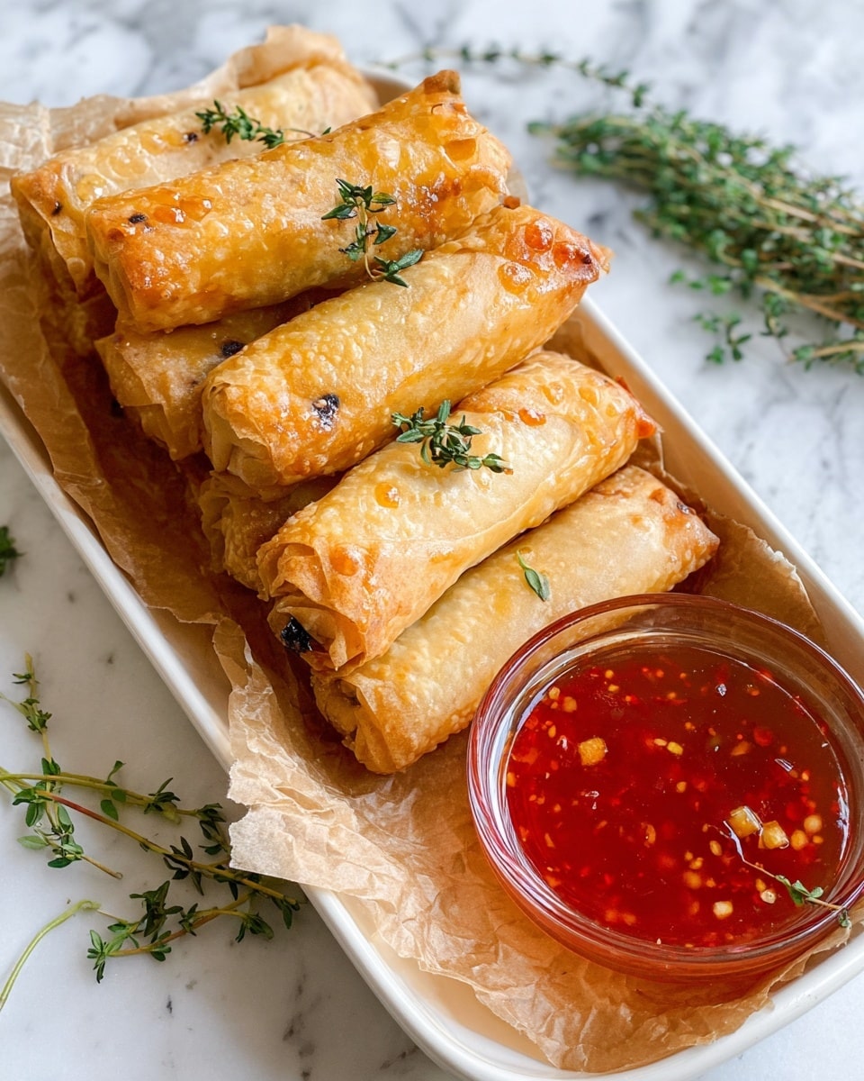 The image shows a white rectangular dish lined with brown parchment paper, filled with seven golden-brown, crispy, rolled pastries arranged in a slightly overlapping pile. The pastries have a shiny, flaky texture with a few small bubbles on the surface, each topped with a small sprig of green thyme. A clear round glass bowl filled with bright red dipping sauce with visible chili seeds sits at the front right corner of the dish. The dish is placed on a white marbled surface with some fresh herbs scattered around the edges. photo taken with an iphone --ar 4:5 --v 7