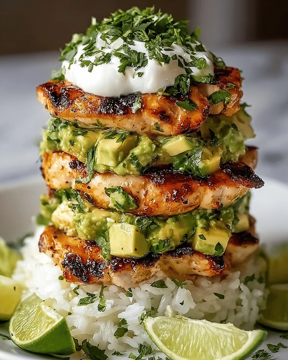 A tall stack of four grilled chicken pieces with a golden-brown, slightly charred surface layered with chunks of green avocado mixed with chopped herbs. The chicken and avocado layers alternate, sitting on a bed of fluffy white rice sprinkled lightly with herbs. On top of the stack is a dollop of white cream garnished generously with fresh green herb leaves. Around the base of the stack are wedges of bright green lime. The dish is served on a white plate placed on a white marbled surface. photo taken with an iphone --ar 4:5 --v 7