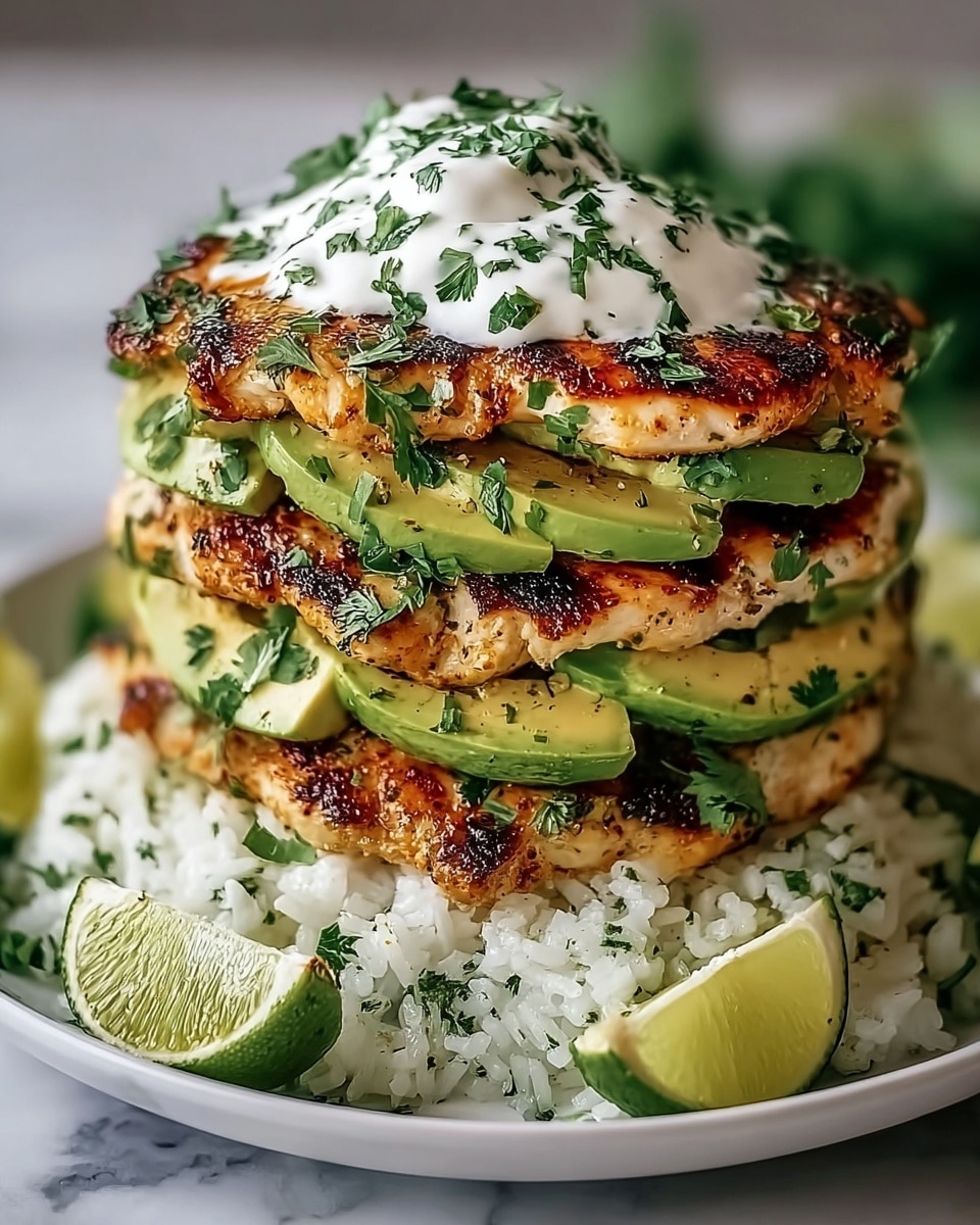 A tall stack of grilled chicken layers alternates with thick slices of green avocado, each layer sprinkled with chopped fresh herbs, all resting on a base of fluffy white rice with herbs mixed in. At the top, there is a dollop of white creamy sauce garnished with more green herbs. Surrounding the dish on a white plate are lime wedges, and the background is a white marbled texture. photo taken with an iphone --ar 4:5 --v 7