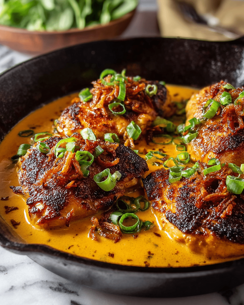 The image shows four pieces of browned, crispy chicken breasts in a black cast iron skillet. Each piece is covered with a thick, shiny reddish-brown sauce and topped with chopped fresh green onions. The chicken is sitting in a pool of the same sauce, which fills the bottom of the skillet. In the background, there is a blurred view of a small white bowl with a light yellow sauce and a silver fork resting on the edge of the skillet, all placed on a white marbled surface. Photo taken with an iphone --ar 4:5 --v 7