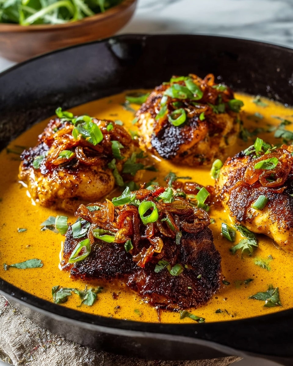 The image shows four browned chicken pieces arranged in a black cast iron skillet, each piece coated in a rich, smooth orange-yellow sauce that pools around them. The chicken has a crusty texture with dark charred edges. On top of each piece, there are small piles of crispy caramelized onions and chopped green scallions adding bright green color and texture. The skillet is placed on a white marbled surface, and in the blurred background, a bowl of fresh greens can be seen. photo taken with an iphone --ar 4:5 --v 7