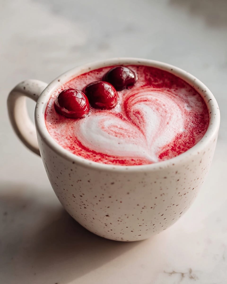 A white speckled ceramic cup filled with a frothy drink that has a creamy white foam base swirling with bright red liquid on top, creating a soft heart-shaped pattern in the middle. Four shiny, deep red cherries rest gently on the surface, contrasting with the smooth foam and adding a burst of color. The cup is placed on a white marbled texture surface with soft natural light illuminating the scene. photo taken with an iphone --ar 4:5 --v 7