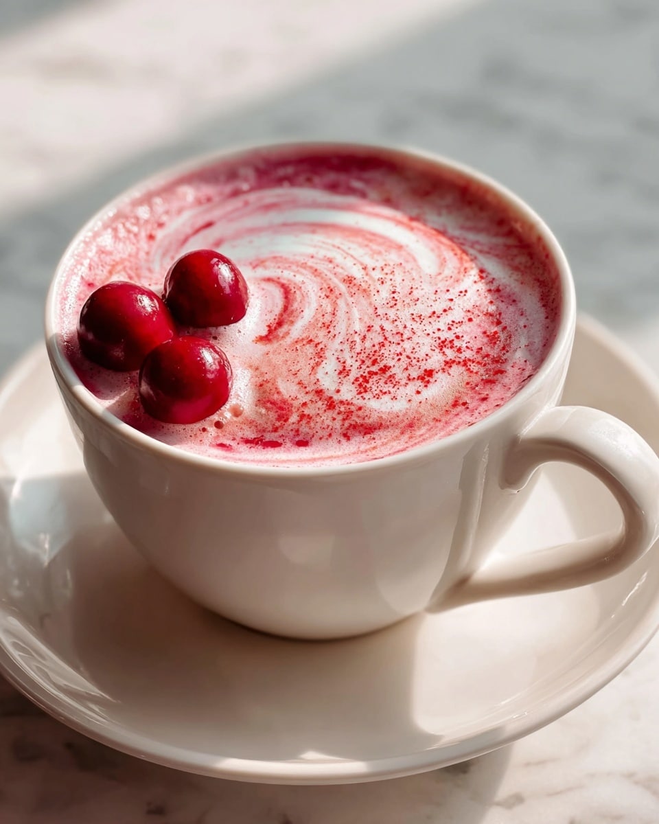 A close-up of a white cup filled with a creamy drink that has a swirled layer of pink and white foam on top, sprinkled lightly with red powder. Three glossy, red cherries sit on the foam near the edge of the cup. The cup is placed on a white saucer, set against a softly lit white marbled surface that gives a warm, bright feeling. photo taken with an iphone --ar 4:5 --v 7