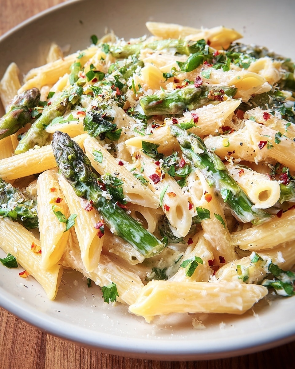 A close-up view of a white plate filled with creamy penne pasta mixed with green asparagus pieces, sprinkled with finely chopped green herbs, red chili flakes, and grated white cheese, all coated in a smooth off-white creamy sauce, sitting on a wooden surface. photo taken with an iphone --ar 4:5 --v 7