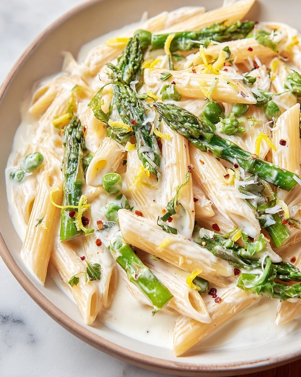 A close-up view of a white plate filled with creamy pasta featuring three main layers: the bottom layer is a smooth white cream sauce, the middle layer is light golden penne pasta tubes scattered unevenly, and the top layer has bright green asparagus pieces along with small bits of chopped green herbs, light yellow lemon zest, and tiny red pepper flakes sprinkled lightly across the dish. The pasta has a slightly glossy texture from the sauce, and there are fine shreds of white cheese scattered on top, adding a soft contrast. The plate is placed on a white marbled surface. Photo taken with an iphone --ar 4:5 --v 7