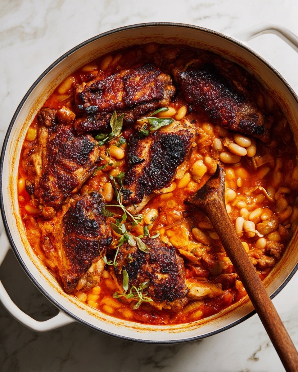 A white pot filled with a rich, reddish-orange bean stew layered with soft white beans and chunks of vegetables in the bottom. On top, there are several dark brown, charred pieces of chicken with crispy skin placed unevenly around the pot. Small green sprigs of fresh herbs are scattered on the surface, adding a touch of green contrast. A wooden spoon rests inside, partly submerged in the thick stew, showing a chunky texture of beans and vegetables beneath the browned chicken. The pot is placed on a white marbled surface. photo taken with an iphone --ar 4:5 --v 7