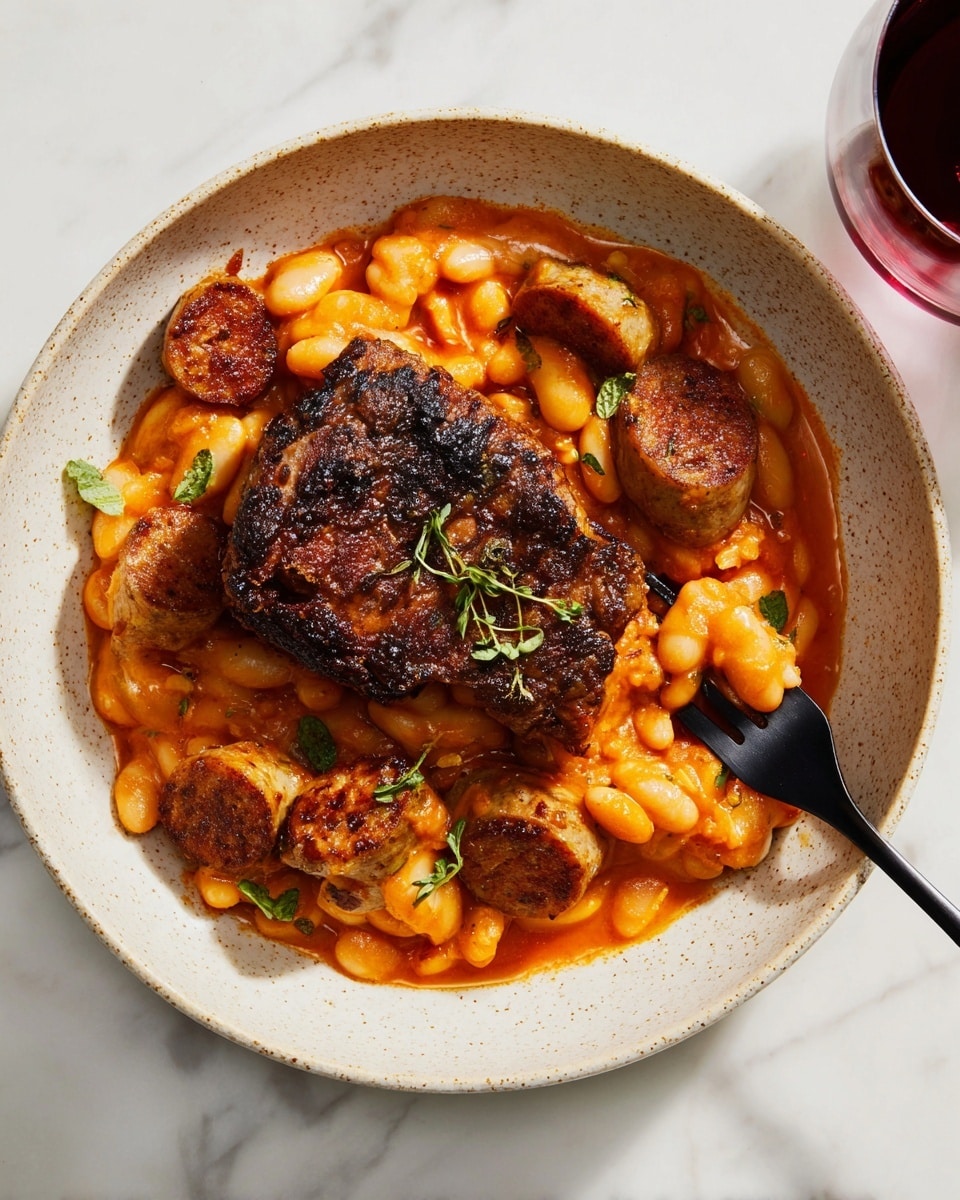 This dish shows a layered meal in a white bowl with a beige speckled finish, set on a white marbled surface. The bottom layer consists of soft, slightly mashed white beans coated in an orange-red sauce with a thick, creamy texture. Scattered throughout are small green herb leaves adding contrast. On top of the bean layer rests a large, dark brown, crispy piece of meat with a slight char and visible grill marks. Surrounding the meat are golden-brown fried sausage slices with a crunchy texture. A black fork with a piece of the bean and meat mixture stuck on it rests inside the bowl. photo taken with an iphone --ar 4:5 --v 7