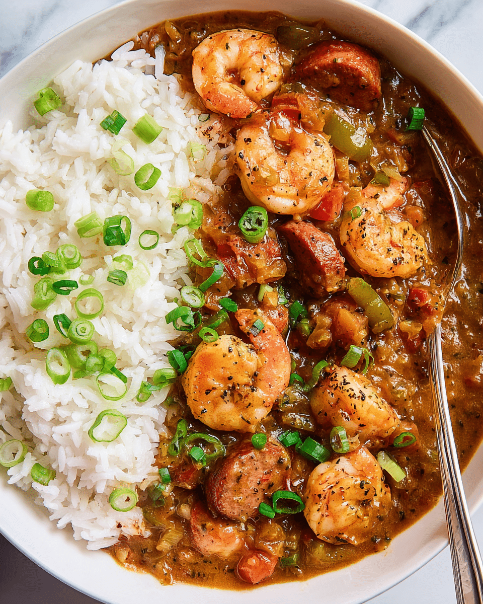 A white bowl filled with two main layers: on the left side, there is a mound of plain white rice with some small green onion slices scattered on top; on the right side, a thick brown sauce with visible black pepper, pieces of sausage slices, shrimp, and bits of green bell pepper and diced tomato, all mixed together giving a rich and hearty texture; garnished with fresh chopped green onions spread across the dish; a silver spoon partially submerged in the sauce on the right side; the bowl sits on a white marbled surface. photo taken with an iphone --ar 4:5 --v 7