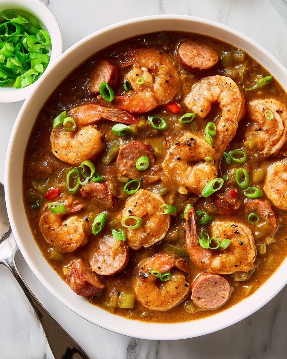 A white bowl filled with a thick, rich stew made of shrimp and sliced sausage in a brown sauce, with visible diced green and red peppers mixed in. The shrimp are light orange with a firm texture, scattered evenly among browned sausage slices. Fresh green onion slices are sprinkled on top, adding a fresh pop of bright green color and a slight crunch. The bowl rests on a white marbled surface with a small white bowl of extra sliced green onions placed nearby. Photo taken with an iphone --ar 4:5 --v 7