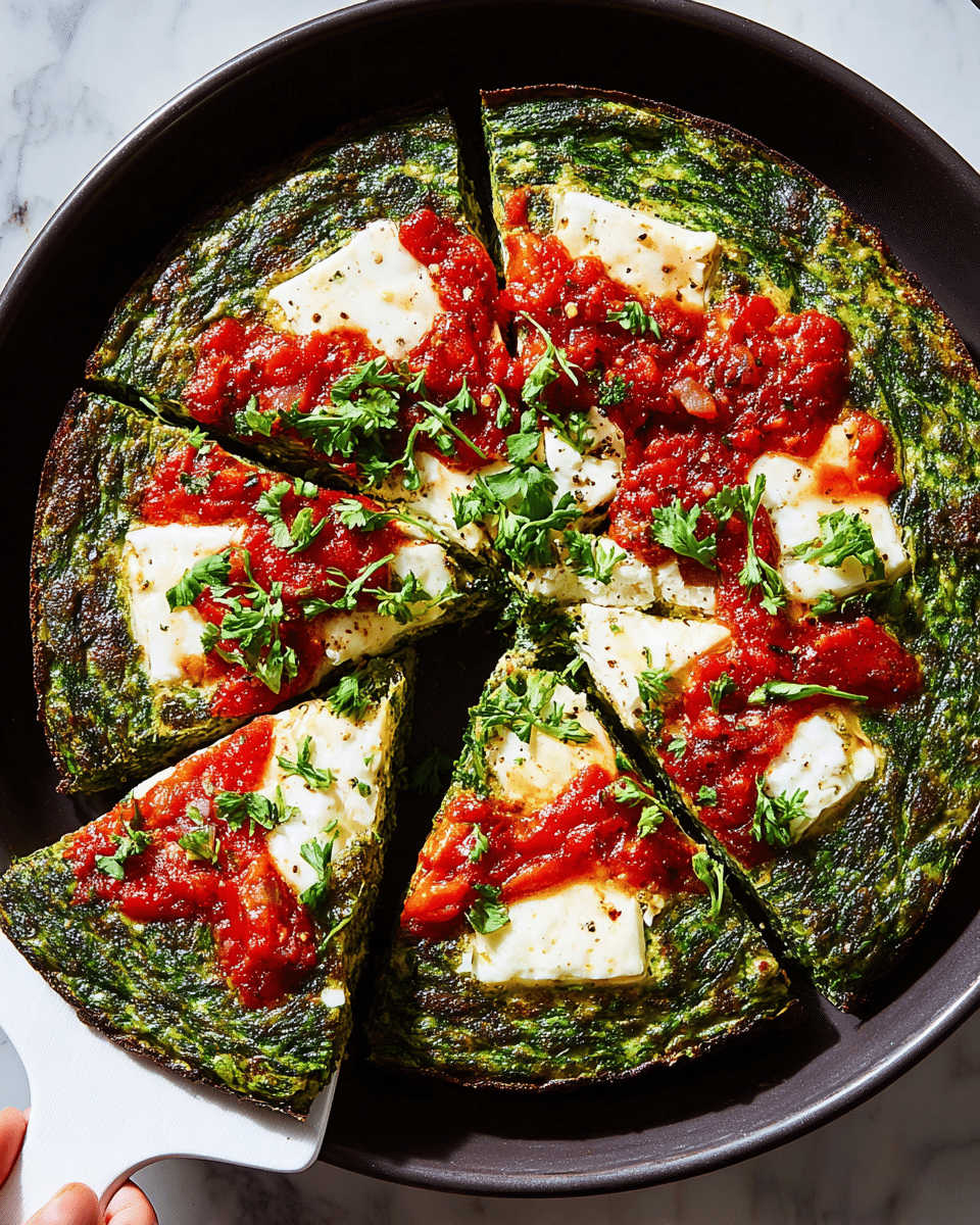 A round green frittata sits in a black pan on a white marbled surface, with one slice lifted by a woman's hand holding a white spatula. The frittata has a thick green layer made of spinach or herbs, forming the base and sides, textured and slightly crispy around edges. On top, there are chunks of soft white cheese spread unevenly, covered with dollops of bright red tomato sauce. Fresh green herbs are scattered on top of both the green base and cheese, adding color and freshness. The contrast between the deep green, white cheese, and red sauce is vivid and appealing. Photo taken with an iphone --ar 4:5 --v 7