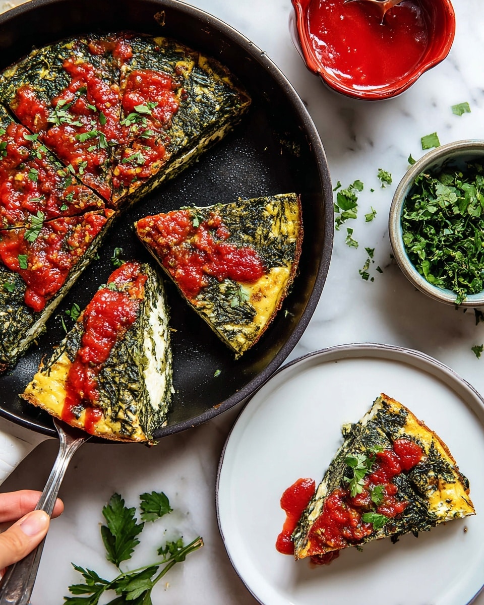 The image shows a spinach and cheese frittata cut into five slices in a black skillet. The frittata has a rich, deep green top layer from the spinach with a slightly textured surface, topped with bright red tomato sauce drizzles and scattered fresh parsley leaves in dark green. Inside the frittata, visible through the cut slices, there is a creamy, pale yellow cheese layer that looks soft and smooth. One slice of the frittata is placed on a white plate, showing the same layers with the tomato sauce and parsley garnish on top. The plate rests on a white marbled texture surface with some green herbs scattered around, including a white bowl filled with fresh green herbs on the right side and a small red cup with more tomato sauce at the top left. A woman's hand holding a fork is lifting a piece of the frittata on the plate. photo taken with an iphone --ar 4:5 --v 7
