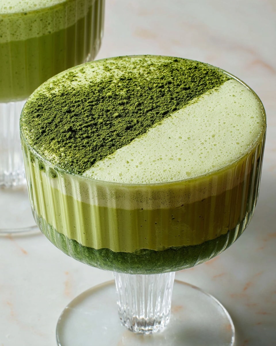 The image shows a glass dessert cup filled with a two-layer green matcha mousse. The bottom layer is a dense, smooth, dark green mousse with a slightly textured surface. The top layer is a lighter green foam with a soft and airy texture, covering most of the surface except for one side where a darker green fine matcha powder is sprinkled, creating a clear diagonal contrast. The glass cup has vertical ridges and stands on a clear stem, placed on a white marbled surface with a neutral light background. A second similar glass is partially visible in the background. Photo taken with an iphone --ar 4:5 --v 7