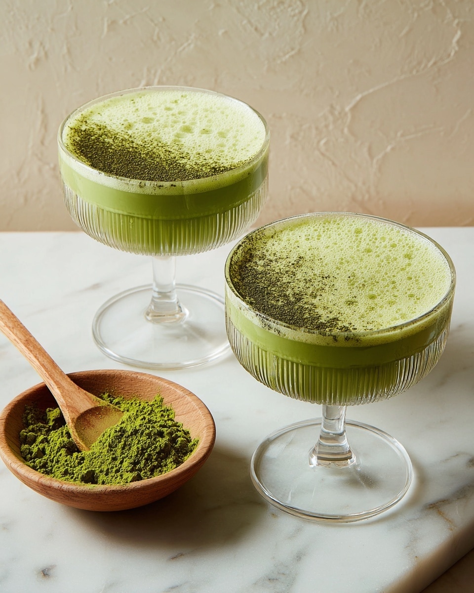 Two clear glass coupe cups filled with a foamy green matcha drink, each glass showing two layers: a darker green matcha powder half on top and a lighter frothy green liquid filling the rest of the glass. The glasses have vertical ridges on the outside and stand on clear stems. To the right of the glasses, a small wooden bowl holds bright green matcha powder with a wooden spoon resting inside it. The scene is set on a white marbled surface with a light beige textured wall in the background. Photo taken with an iphone --ar 4:5 --v 7