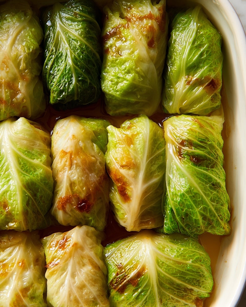 The image shows a close-up of two rows of cabbage rolls placed tightly together in a white ceramic dish. Each roll is wrapped in glossy, slightly translucent green cabbage leaves with visible veins, showing some browning and light charring from cooking. The rolls vary in shade from pale green to a deeper green, with some parts slightly browned. The texture of the cabbage looks soft but with a slight firmness, and the filling underneath creates little bumps under the surface. A light sauce or oil gives a shiny finish to the rolls. The dish sits on a white marbled surface. photo taken with an iphone --ar 4:5 --v 7