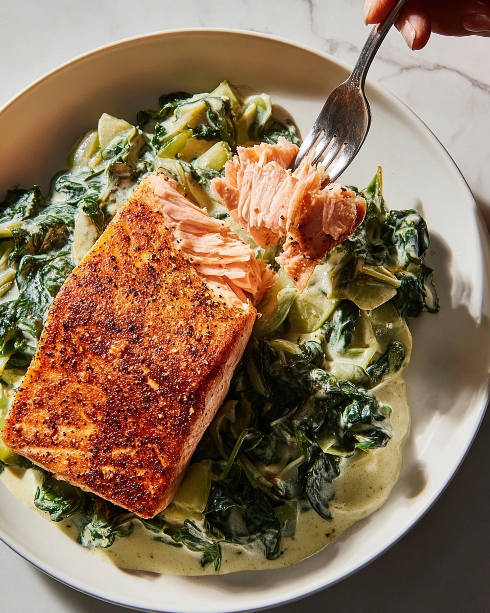 A white plate holds a meal with three clear layers: the bottom layer is a creamy light green sauce mixed with dark green leafy vegetables that look soft and cooked, spread across the plate. On top of this sauce, a large, thick piece of salmon with a crispy, golden-brown crust and visible seasoning covers most of the plate's center. To the left side, a woman's hand holds a fork with a bite of pink, flaky cooked salmon lifting away from the main piece, showing the moist inside. The plate sits on a white marbled surface that catches the light gently. Photo taken with an iphone --ar 4:5 --v 7