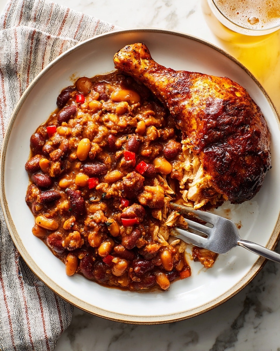 On a white plate, there are two main layers of food: on the left side, a thick, chunky chili made of mixed beans, ground meat, and small pieces of red peppers in a rich brown sauce, showing a varied texture of soft beans and slightly firm meat; on the right side, a glossy, browned barbecue chicken leg with a crispy skin and tender white meat visible where it has been cut. A silver fork rests on the chili, slightly digging into it, with beans and sauce on the tines. The plate is set on a white marbled surface with a striped cloth napkin partially visible on the left and a glass of light beer on the top right corner. photo taken with an iphone --ar 4:5 --v 7