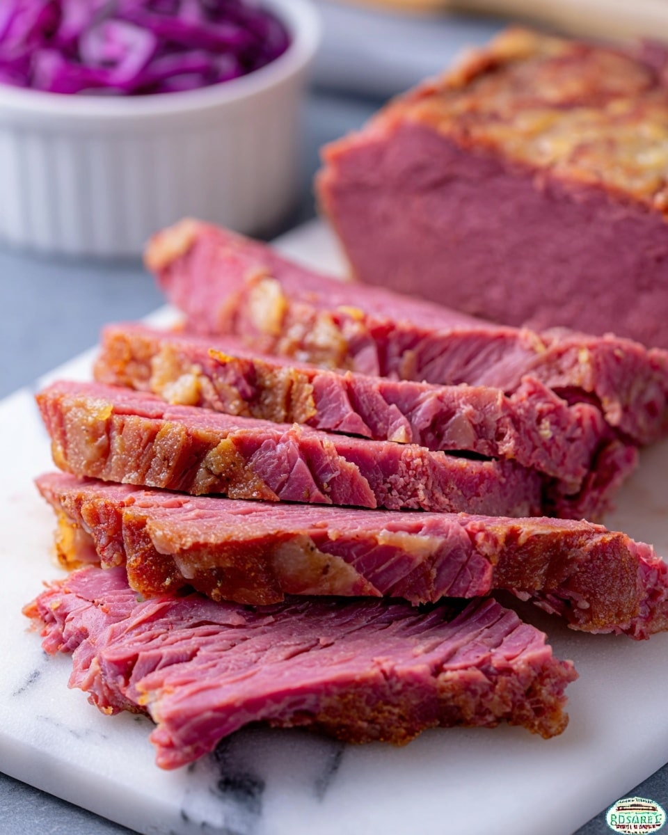 The image shows thick slices of pink corned beef with a slightly browned crust on the outside, arranged on a white cutting board with a white marbled texture underneath. The beef slices reveal a fibrous, moist texture with some pieces stacked loosely. In the background, there is a blurred small white bowl filled with purple cabbage or slaw. The overall look is close-up and very detailed, showing the marbling and grain of the meat clearly. Photo taken with an iphone --ar 4:5 --v 7