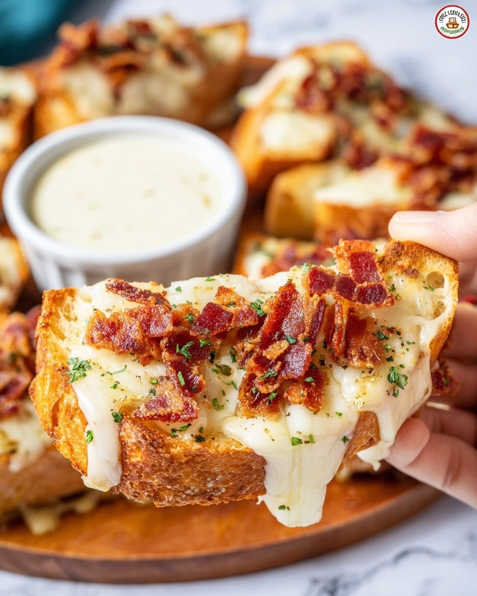 A close-up of a toasted bread slice held by a woman's hand showing three layers: a golden-brown toasted bread base, a middle layer of melted smooth white cheese covering the bread thickly, and a top layer of crispy small red-brown bacon bits scattered generously with tiny green herb sprinkles on top. In the background, more similar toasts lie on a round wooden board and there is a white ramekin filled with creamy white dipping sauce, all on a white marbled surface. photo taken with an iphone --ar 4:5 --v 7