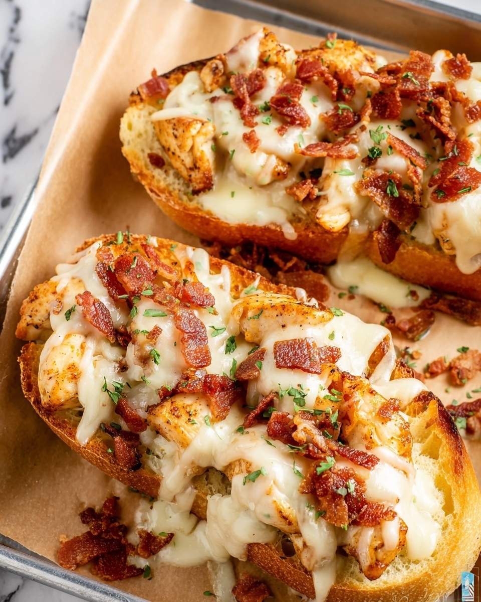 Two pieces of toasted bread, each topped with several golden-brown grilled chicken pieces as the first layer. The chicken is then covered with a thick layer of melted white cheese that drips softly over the sides. On top, there are scattered small crispy bacon bits adding a reddish-brown crunch and sprinkled green herbs for color. The toasts sit closely on a tray lined with light brown parchment paper, placed on a white marbled surface. photo taken with an iphone --ar 4:5 --v 7
