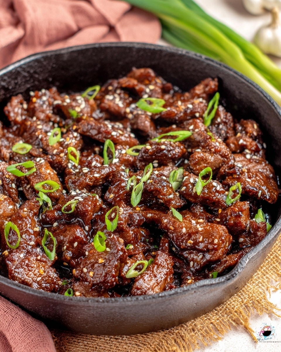 The image shows a black cast iron skillet filled with many small pieces of cooked meat that are dark brown and shiny with a thick sauce. The meat looks tender and has a glaze that reflects light. Tiny white sesame seeds are sprinkled all over the meat, and thin slices of green onions are scattered on top, adding bright green touches. The skillet sits on a textured tan mat with a white marbled surface under it, and there is a soft pink cloth and some green onions partially visible in the background. photo taken with an iphone --ar 4:5 --v 7