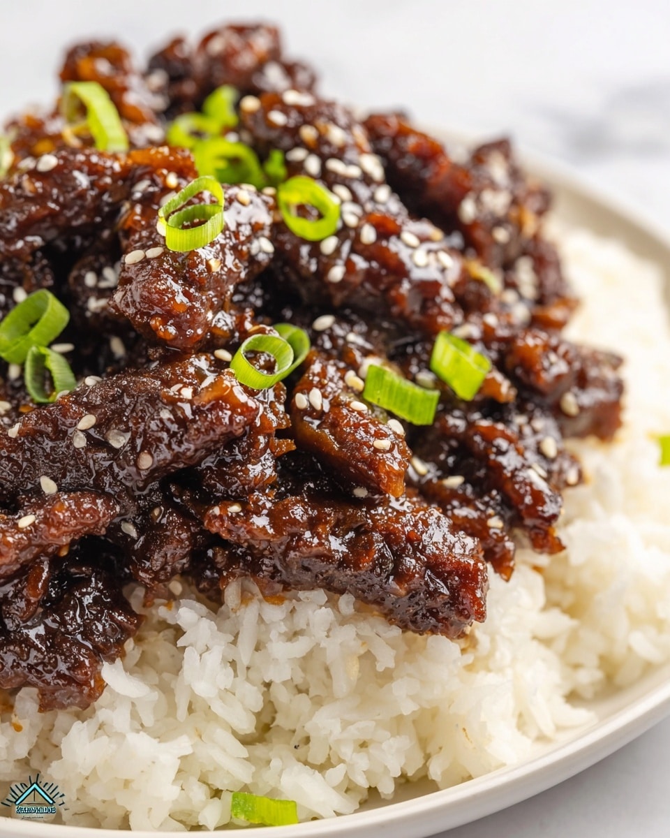 A close-up of a white plate filled with a layer of soft white rice at the bottom, topped with a layer of dark brown beef pieces coated in a shiny, thick sauce. The beef pieces have a glistening texture and are sprinkled with small white sesame seeds and bright green sliced scallions. The sauce looks sticky and rich, covering the beef evenly. The background is a white marbled texture. photo taken with an iphone --ar 4:5 --v 7