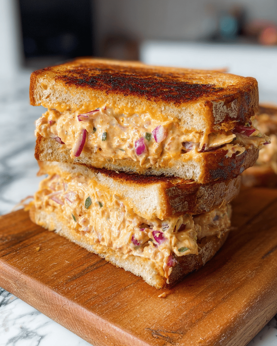 The image shows a toasted sandwich cut in half and stacked. The sandwich has two thick slices of golden brown bread with a crispy texture on the outside. Between the slices, there are thick layers of creamy, light orange filling mixed with small pieces of red onion, green herbs, and other finely chopped vegetables. The filling looks rich and slightly overflowing, giving a moist and soft contrast to the crispy bread. The sandwich rests on a wooden board, with a white marbled surface in the background. photo taken with an iphone --ar 4:5 --v 7